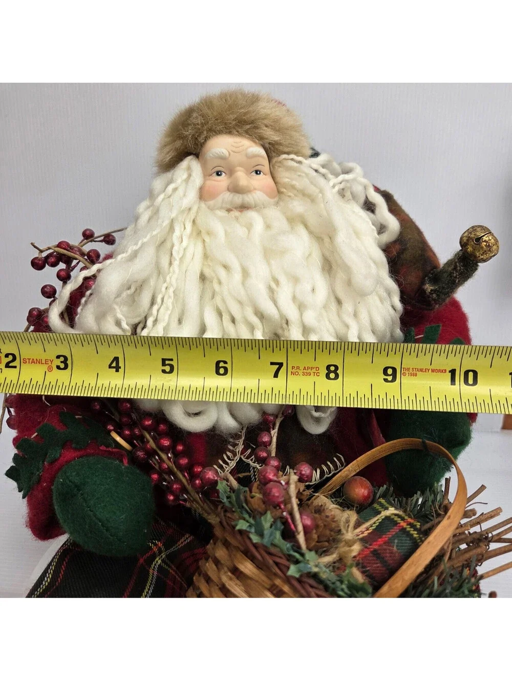 Vintage Christmas Santa Claus Shelf Sitter Doll Plaid Outfit Basket Rustic Decor